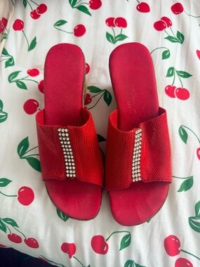 Y2K Red Crystal-Accent Slide Sandal Wedges - Women